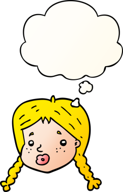 Çizgi film kızlarının yüzleri, bir insan tarafından çizilmiş yumuşak eğimli düşünce baloncuklarıyla dolu.