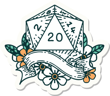 Bir insan tarafından çizilmiş 20 D20 zarının çıkartması.