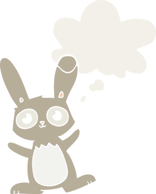 Bir insan tarafından çizilmiş düşünce baloncuklu sevimli çizgi film tavşanı.