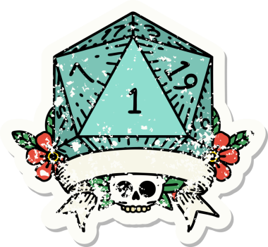 Bir insan tarafından çizilmiş doğal bir d20 zarının grunge çıkartması.