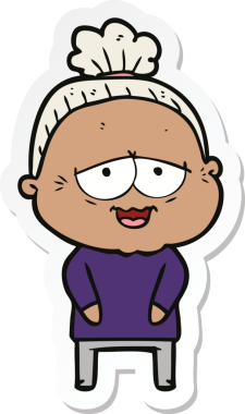 Bir insan tarafından çizilmiş mutlu yaşlı bir kadının çıkartması.