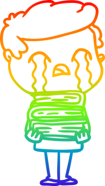 Gökkuşağı gradyan çizimi bir insan tarafından çizilmiş kitap yığınının üzerinde ağlayan bir çizgi film adamı çizimi