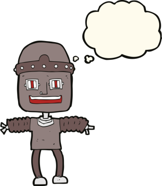 Bir insan tarafından çizilmiş düşünce baloncuklu çizgi film robotu