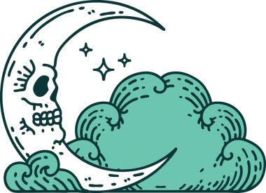 Kafatası hilal şeklinde bir dövme ve bir insan tarafından çizilmiş bulutlar.