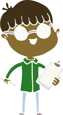 Bir insan tarafından çizilmiş gözlük takan düz renkli çizgi film çocuğu.