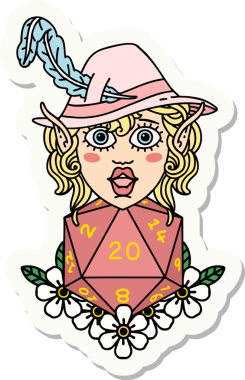 Bir insan tarafından çizilmiş 20 zarlı elf şair karakterinin çıkartması.