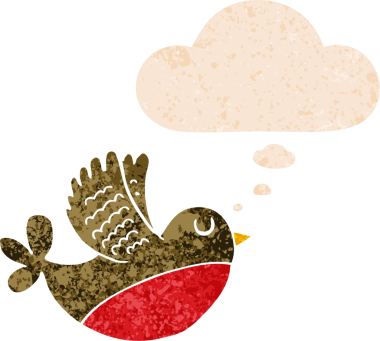 Düşünce baloncuğu ve grunge ile uçan kuş dertli retro dokuma bir insan tarafından çizilmiş