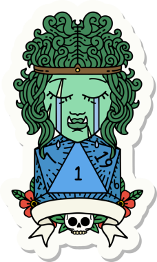 Ağlayan bir ork barbar karakterinin çıkartması. Bir insan tarafından çizilmiş doğal bir D20 rulosu.