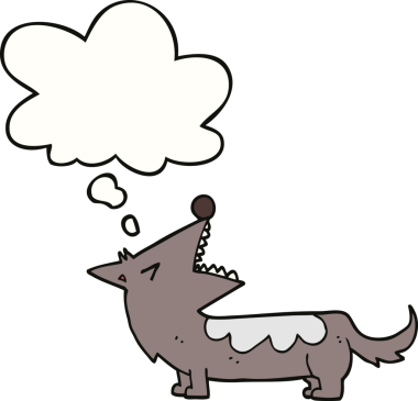 Bir insan tarafından çizilmiş düşünce baloncuklu çizgi film köpeği.