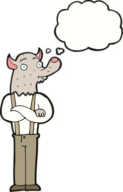 Bir insan tarafından çizilmiş düşünce baloncuğu olan karikatür dostu kurt adam.