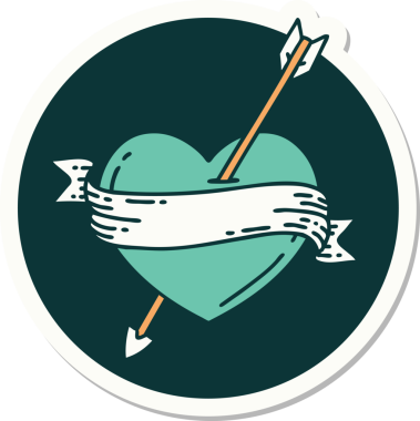 Bir insan tarafından çizilmiş ok kalp ve pankartın geleneksel stiliyle dövme çıkartması.