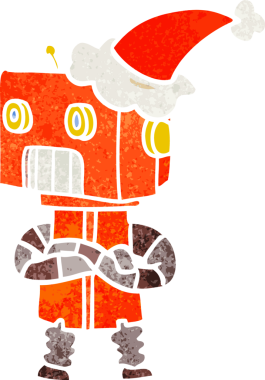 Bir insan tarafından çizilmiş Noel Baba şapkası giyen bir robotun el çizimi karikatürü.