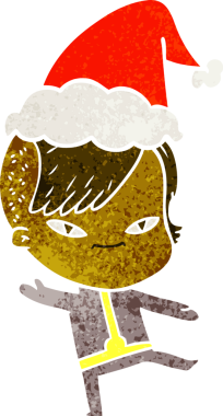 Hipster saç kesimli bir kızın insan tarafından çizilmiş Noel Baba şapkası taktığı hoş bir el çizimi.