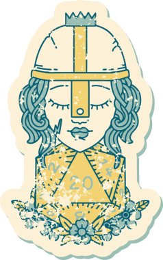 Bir insan dövüşçüsünün grunge sticker 'ı. Bir insan tarafından çizilmiş 20 D20 zarlı.