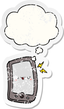 Düşünce baloncuklu şirin çizgi film cep telefonu bir insan tarafından çizilmiş yıpranmış bir çıkartma.