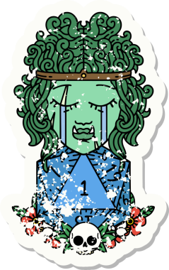 Bir insan tarafından çizilmiş doğal bir d20 rulo ile üzgün bir ork barbar karakter yüzü grunge sticker