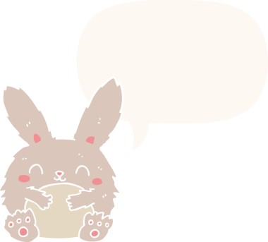 Konuşma baloncuğu olan sevimli çizgi film tavşanı insan tarafından çizilmiş.