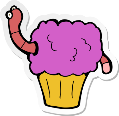 Kekin içinde bir insan tarafından çizilmiş solucan çizgi film etiketi.