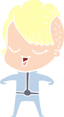 Bir insan tarafından çizilmiş fütüristik elbiseli mutlu düz renkli çizgi film kızı.