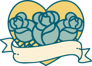 İkonik dövme stili bir kalp ve bir insan tarafından çizilmiş çiçekli pankart.