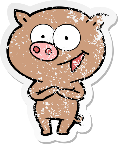 Bir insan tarafından çizilmiş neşeli bir domuz çizgi filminin hüzünlü çıkartması.