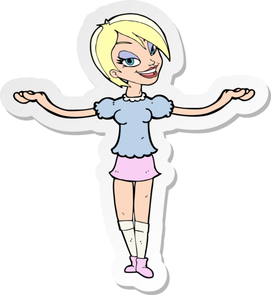 Bir insan tarafından çizilmiş açık kollu jest yapan bir karikatür kadının çıkartması.