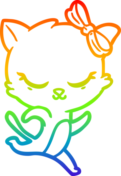 Gökkuşağı gradyan çizgi çizimi şirin bir çizgi film kedisi ve koşan bir insan tarafından çizilmiş.