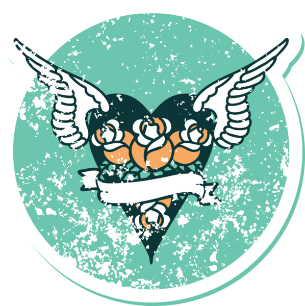 Bir insan tarafından çizilmiş çiçek ve pankartıyla uçan bir kalbin sembolik dövmeli resmi.