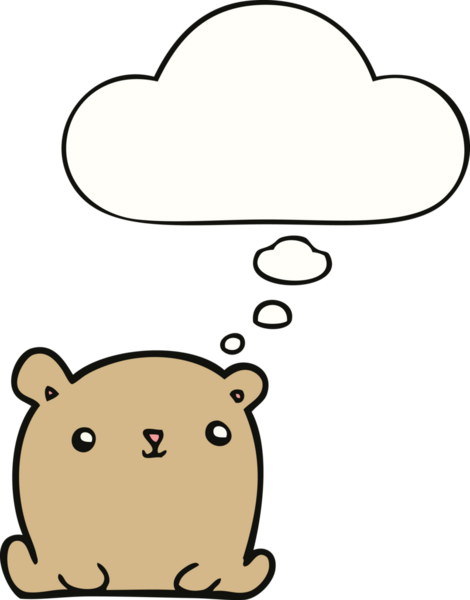 Bir insan tarafından çizilmiş düşünce baloncuğu olan sevimli çizgi film ayısı.