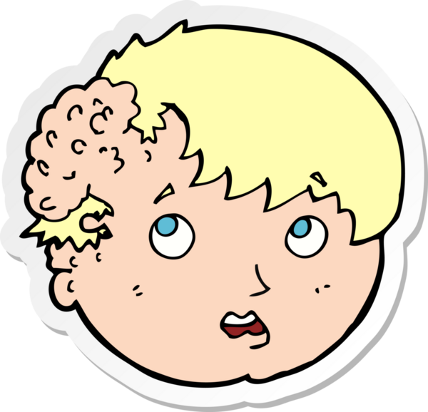 Bir insan tarafından çizilmiş kafasında çirkin bir büyüme olan çizgi film çocuğunun çıkartması.