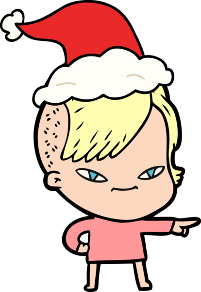 Hipster saç kesimi olan, Noel Baba şapkası takan bir kızın çizdiği el çizimi.