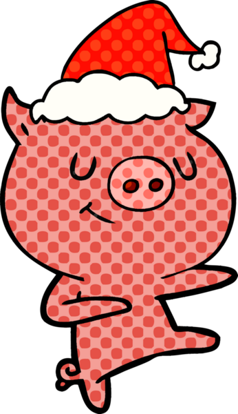 Mutlu el çizimi çizgi roman tarzı Noel Baba şapkası giymiş bir domuzun insan tarafından çizilmiş resmi.