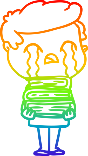 Gökkuşağı gradyan çizimi bir insan tarafından çizilmiş kitap yığınının üzerinde ağlayan bir çizgi film adamı çizimi