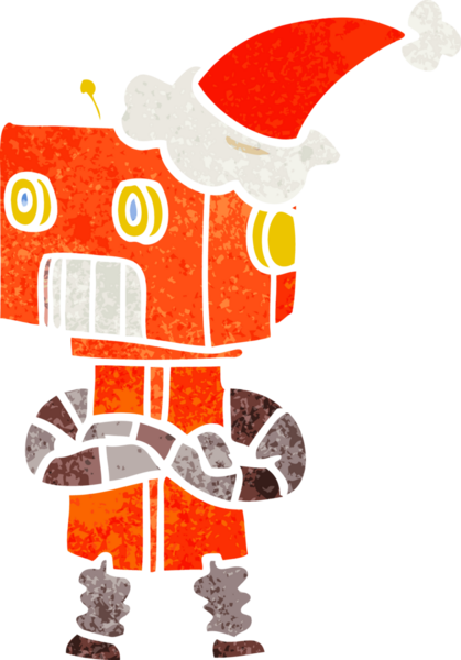 Bir insan tarafından çizilmiş Noel Baba şapkası giyen bir robotun el çizimi karikatürü.