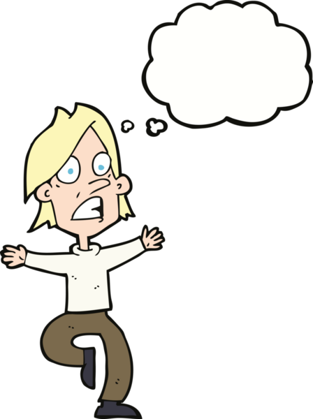 Bir insan tarafından çizilmiş düşünce baloncuğuyla panikleyen bir adam.