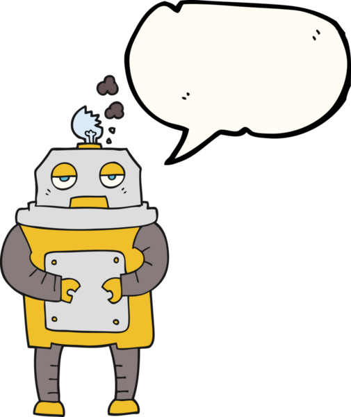 Bir insan tarafından çizilmiş serbest konuşma balonu karikatürü bozulmuş robot.