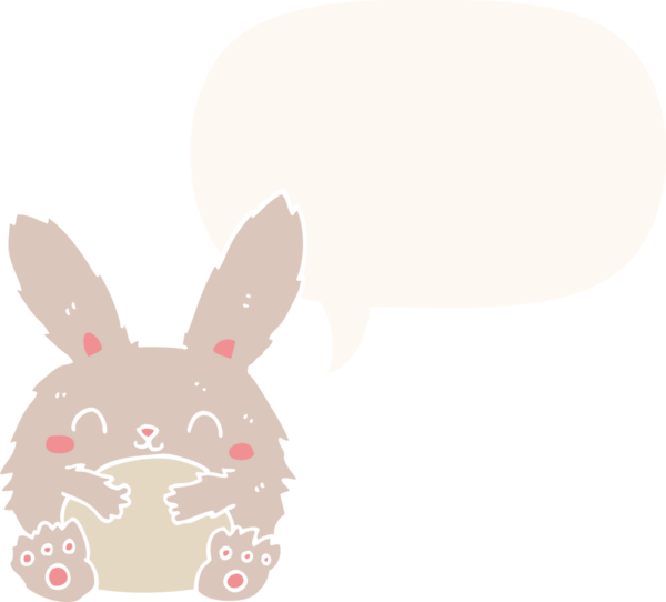 Konuşma baloncuğu olan sevimli çizgi film tavşanı insan tarafından çizilmiş.