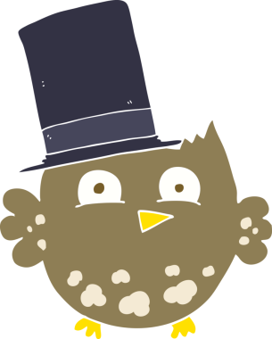 Bir insan tarafından çizilmiş silindir şapkalı küçük baykuşun düz renk çizimi