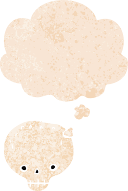 grunge 'da düşünce baloncuğu olan karikatür kafatası bir insan tarafından çizilmiş gerilimli retro doku