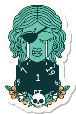 Ağlayan yarı ork haydut bir karakterin çıkartması. Bir insan tarafından çizilmiş doğal bir D20 rulosu.