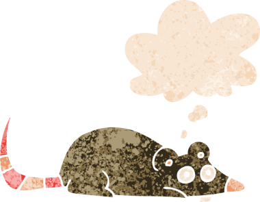 grunge 'da düşünce baloncuğu olan çizgi film faresi bir insan tarafından çizilmiş gerilimli retro desen tarzı