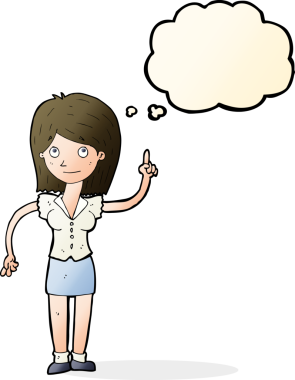 Bir insan tarafından çizilmiş düşünce baloncuğu fikri olan karikatür kadın.