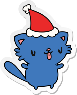 Bir insan tarafından çizilmiş kawaii kedisinin el çizimi Noel çıkartması.