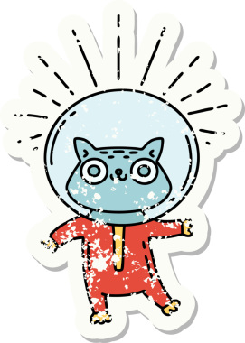 Bir insan tarafından çizilmiş astronot kostümlü dövme stili bir kedinin eski çıkartması.