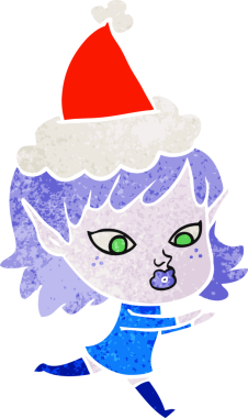 Bir insan tarafından çizilmiş Noel Baba şapkası takan elf bir kızın güzel el çizimi karikatürü