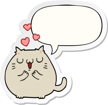 Bir insan tarafından çizilmiş baloncuk çıkartmasına aşık sevimli çizgi film kedisi.