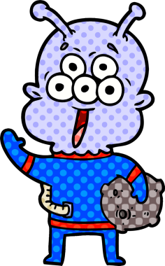 Bir insan tarafından çizilmiş ay taşlı mutlu bir uzaylı çizgi filmi.