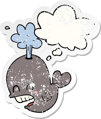 Düşünce baloncuğu ile balina fışkırtan karikatür bir insan tarafından çizilmiş yıpranmış bir çıkartma gibi