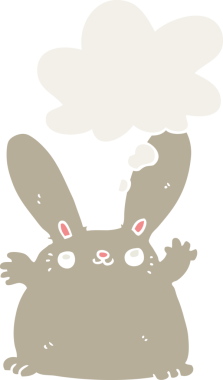 Düşünce baloncuklu çizgi film tavşanı insan tarafından çizilmiş.