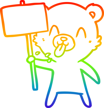 Kaba bir çizgi film ayısının çizdiği gökkuşağı gradyanı. Protesto işareti bir insan tarafından çizilmiş.